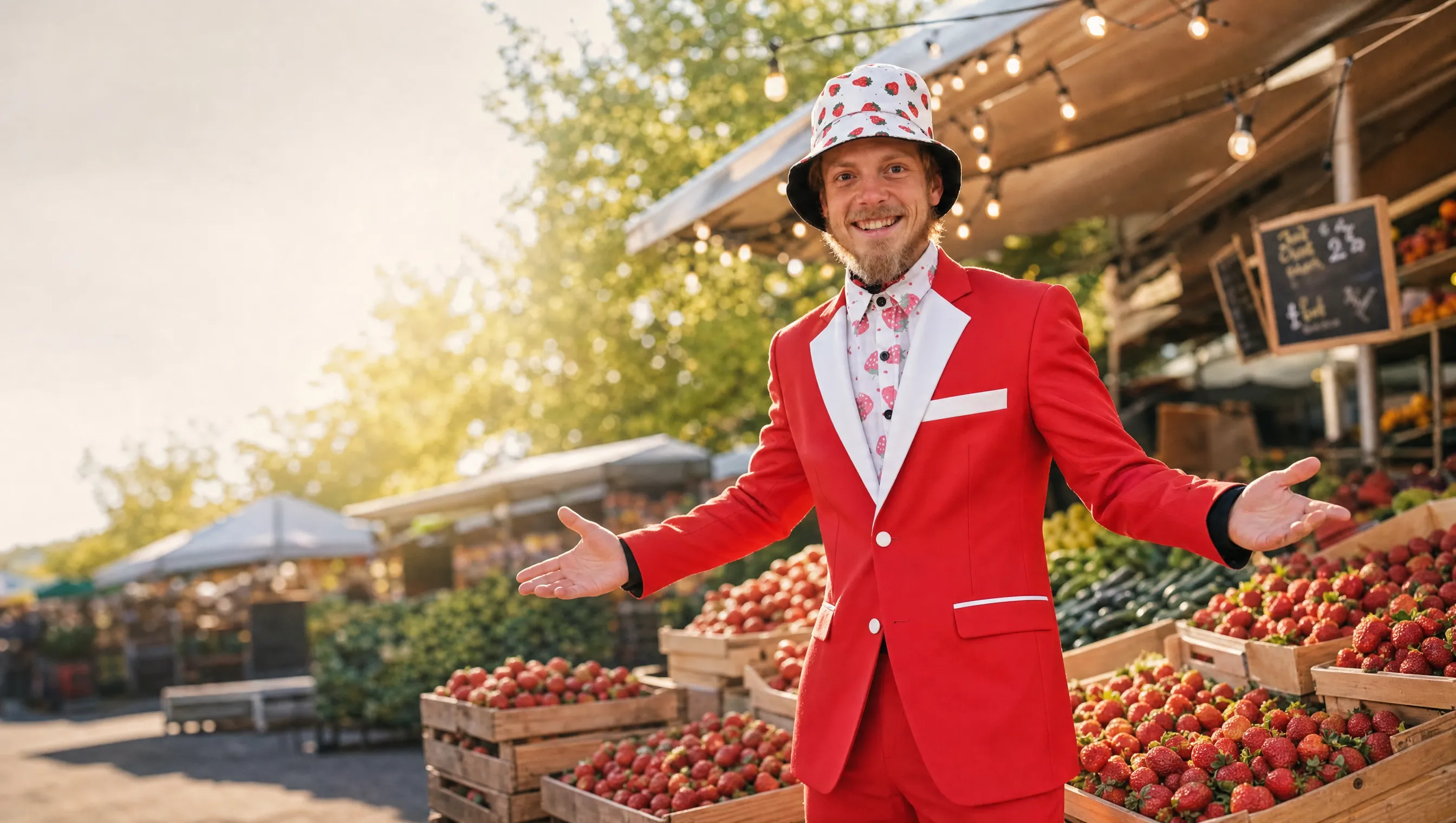 Niels — Mister Aardbei — in zijn aardbeienpak aan de kraam van Weckx Markten