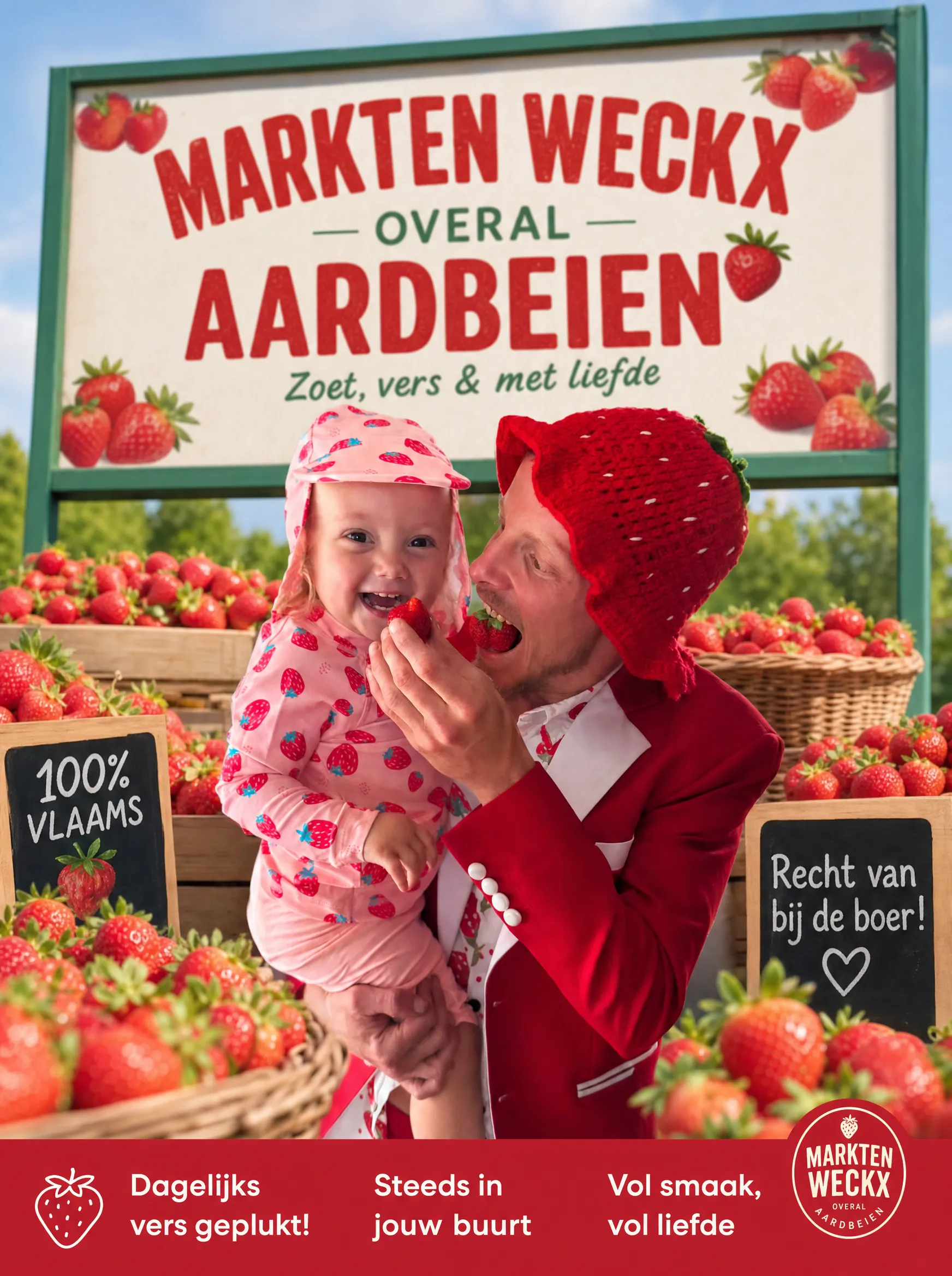 Niels — Mister Aardbei — geeft een aardbei aan een lachend kindje aan de kraam van Markten Weckx